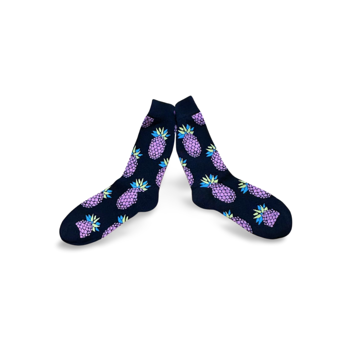 Vibrant purple socks adorned with cheerful pineapple designs - a great gift idea.